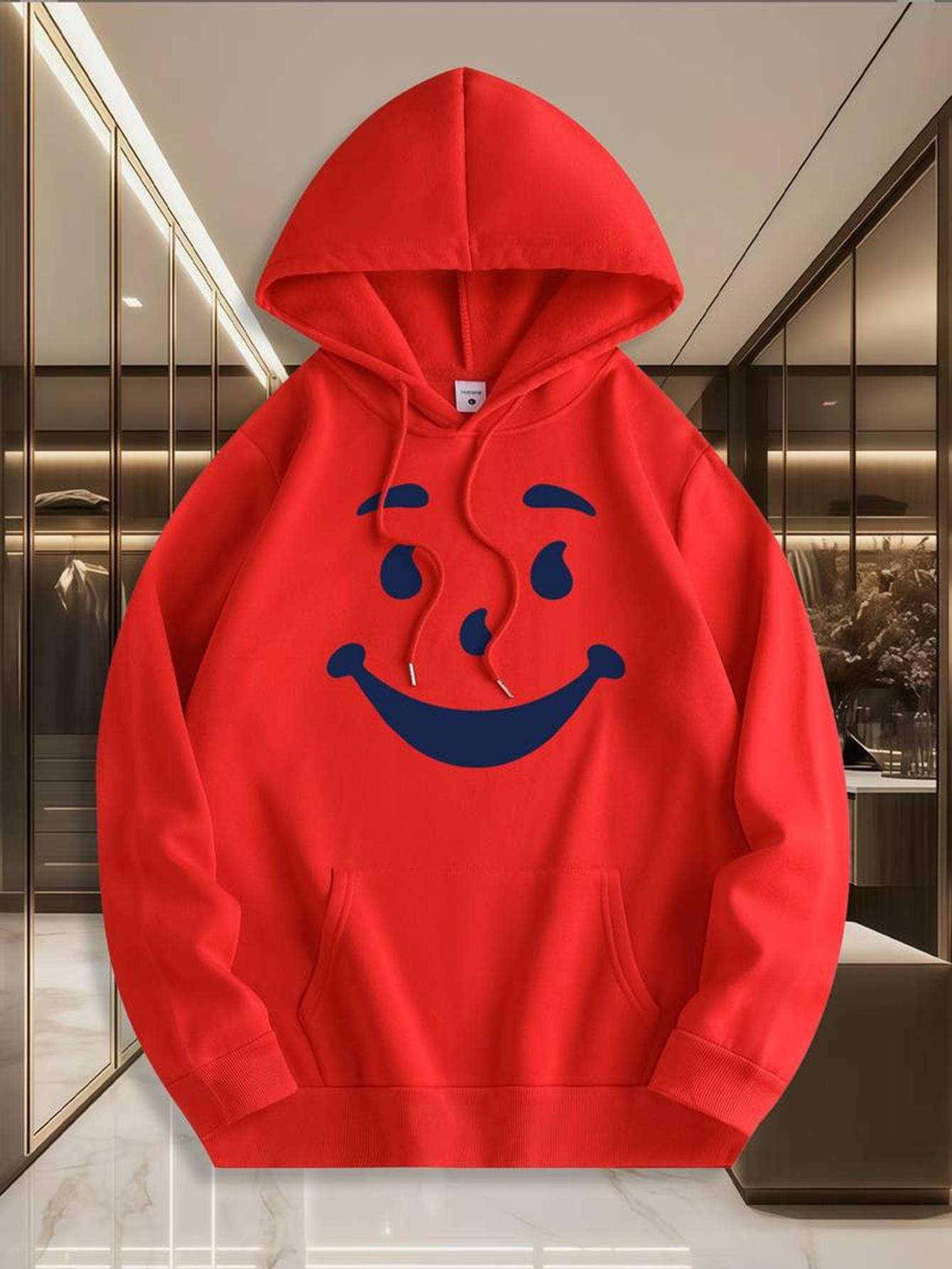 Men'S Red Joyful Face Graphic Hooded Sweatshirt with Smiling Face & Smiling Eyes Print - Soft Mid-Stretch Fabric, Adjustable Drawstring Hood & Kangaroo Pocket, Casual Streetwear for Spring/Fall, Machine Washable Regular Fit Long Sleeve Pullover Swea