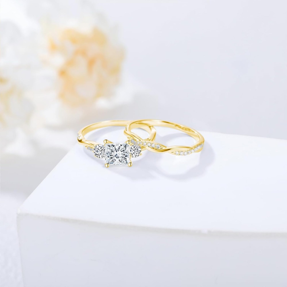 1.46-carat (ctw) Princess-cut Moissanite Twisted Wedding And Engagement Ring Set, Golden-plated Wedding Ring Set, Handcrafted Anniversary Rings, Anniversary Gift, Christmas Gift, Valentine'S Day Gift, Eternal Promise. - Image 6