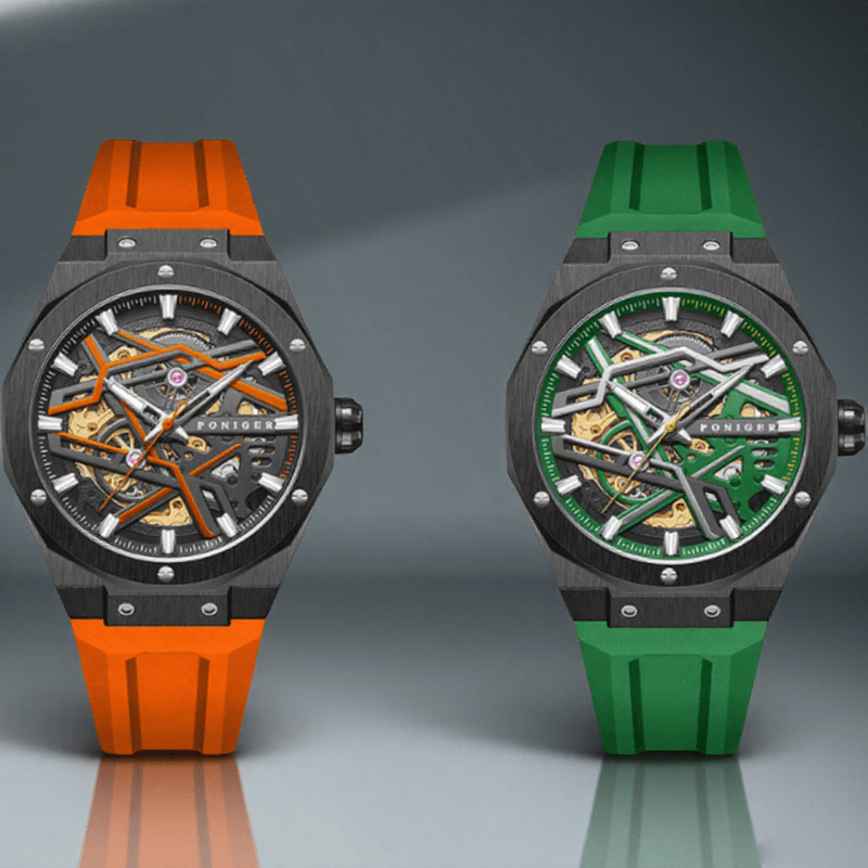 Poniger Fashionable And Casual Fully Automatic Mechanical Men'S Watch, Luxurious And Unique Hollow Design, Suitable For Parties, Sports Wear Men'S Watch, The First Choice For Gifts, Without Battery
