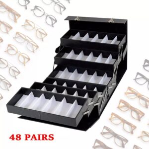Luxurious Black Faux Leather Eyeglasses Storage Case - Holds 48 Pairs, Foldable 8-Tier Fashion Glasses Display Box with Soft Interior, Durable & Spacious Organizer for Glasses