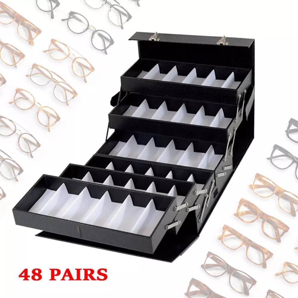 Luxurious Black Faux Leather Eyeglasses Storage Case - Holds 48 Pairs, Foldable 8-Tier Fashion Glasses Display Box with Soft Interior, Durable & Spacious Organizer for Glasses
