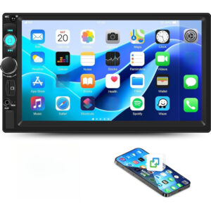 7-Inch Touchscreen Double DIN Car Stereo Featuring Wireless, USB, SD, FM Radio, And Steering Wheel Control with Mirror Link Functionality.