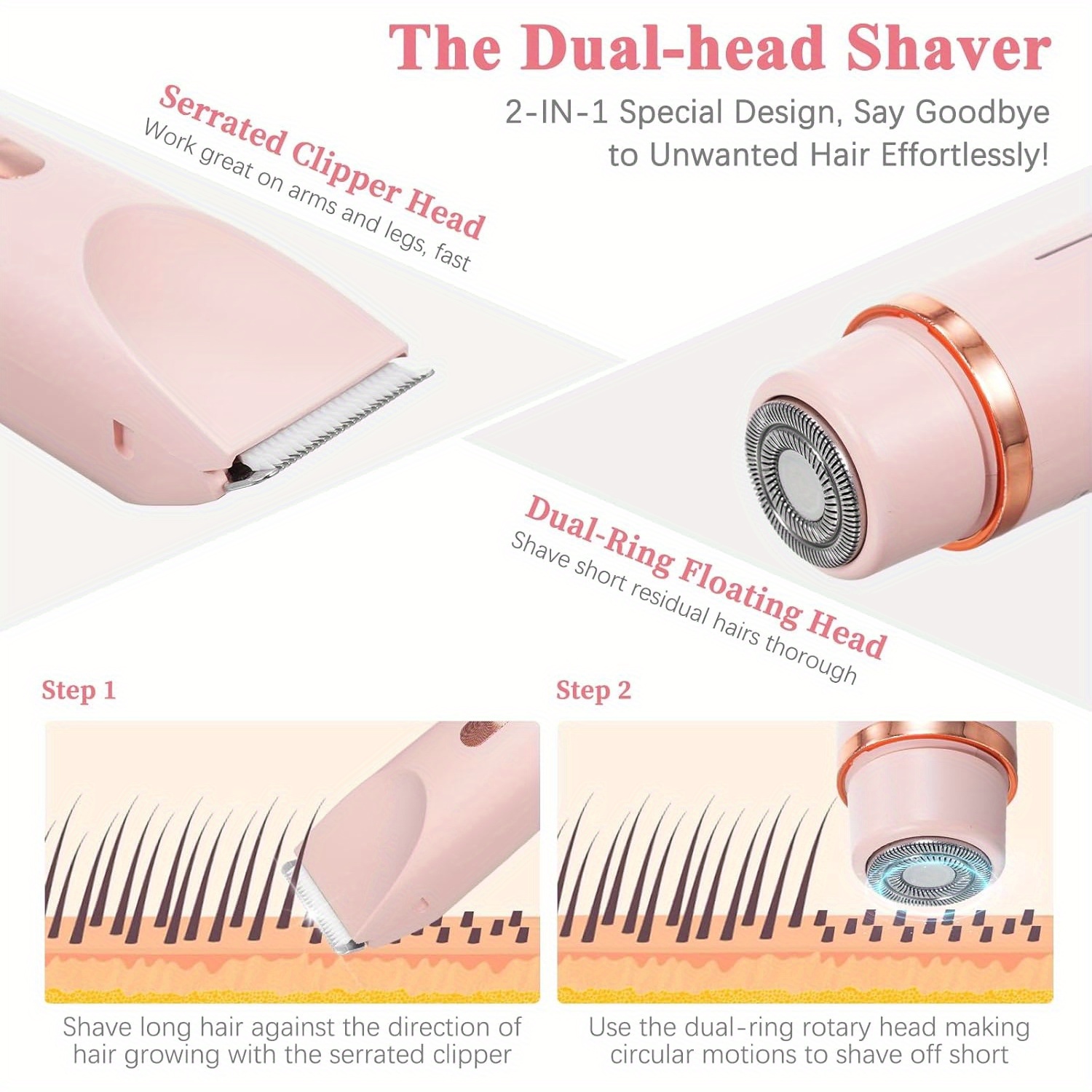Women's 2-in-1 Dual Head Electric Epilator and Shaver, Gentle Touch with Stainless Steel Blades, USB Charging and Cleaning Brush, Suitable for Bikini Underarm Leg and Facial Hair Removal, Easy to Carry, Suitable for Women's Birthday - Image 3