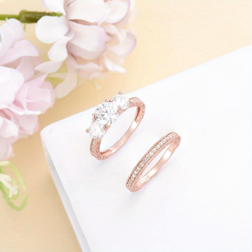 Moissanite Engagement Rings Set 925 Sterling Silver White Golden/ Yellow Golden/ Rose Golden Wedding Rings Bridal Rings Set for Women, D Color VVS1 Round Cut Bridal Sets for Women - Image 6