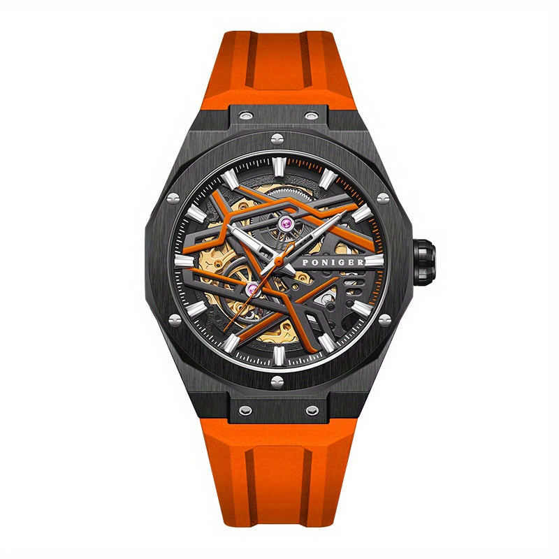 Poniger Fashionable And Casual Fully Automatic Mechanical Men'S Watch, Luxurious And Unique Hollow Design, Suitable For Parties, Sports Wear Men'S Watch, The First Choice For Gifts, Without Battery - Image 3