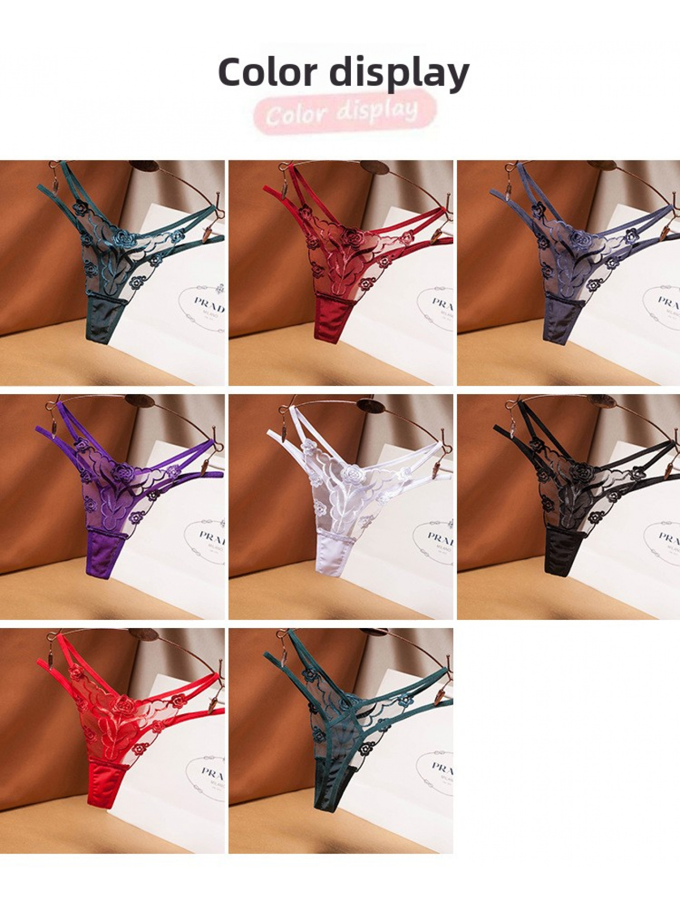 7pcs Women'S Sexy Embroidered Lace Thongs - Transparent Mesh Seamless Underwear Set, Dark Green, Black, Wine Red, White, Blue, Purple, Red, Low-Rise Design, Jacquard Pattern, Comfortable & Stylish for Casual Attire, Lingerie Set|Seamless Underwear|Embroidered Lace Detailing, Lingerie Sets for Women - Image 3