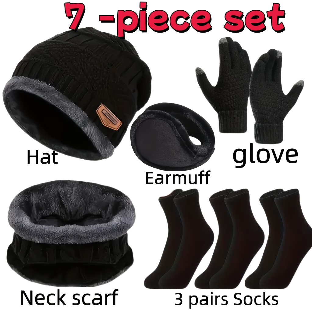 5pcs/7pcs Winter Warm Set - Knitted Hat, Thickened Gloves, 2-Layer Fleece Earmu…