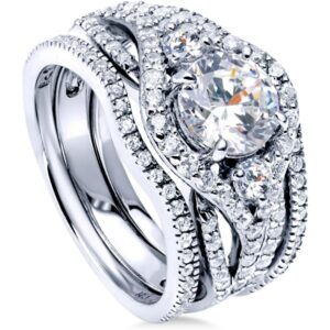 Sterling Silver 3-Stone CZ Wedding Engagement Rings for Women, Stackable Cubic Ring - Clear, Sapphire Blue Colors, 1-3pcs Set