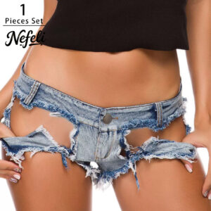 1pc Women's Low-Rise Ripped Denim Bikini Panties - Sexy Edgy Sheer Underwear, Denim Shorts Style (No Elastic) for Jeans-Like, Hand Washable Lingerie for s
