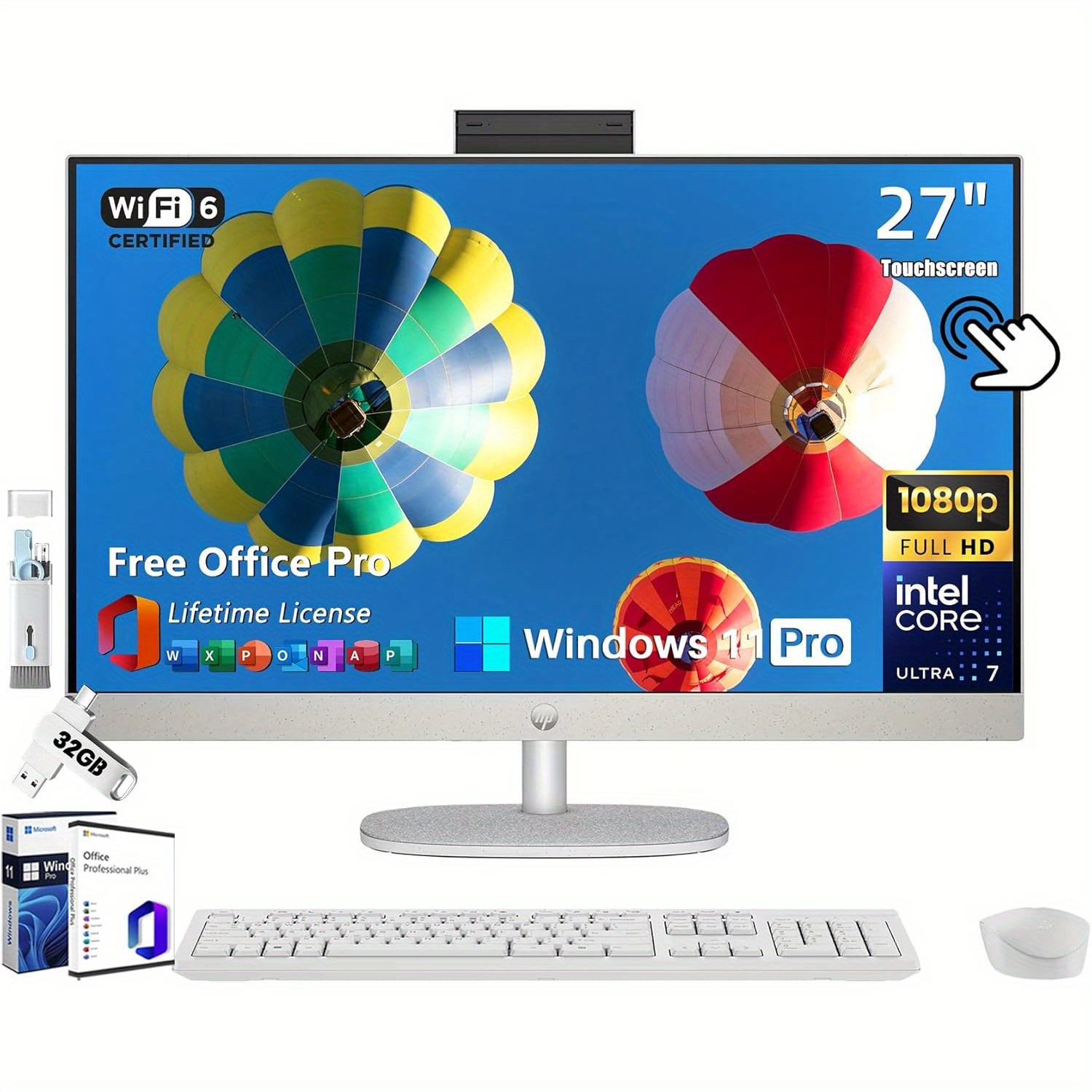 HP 27 All-in-One Desktop PC, 27" FHD Touchscreen, Intel Ultra 7-155U (12-core),…