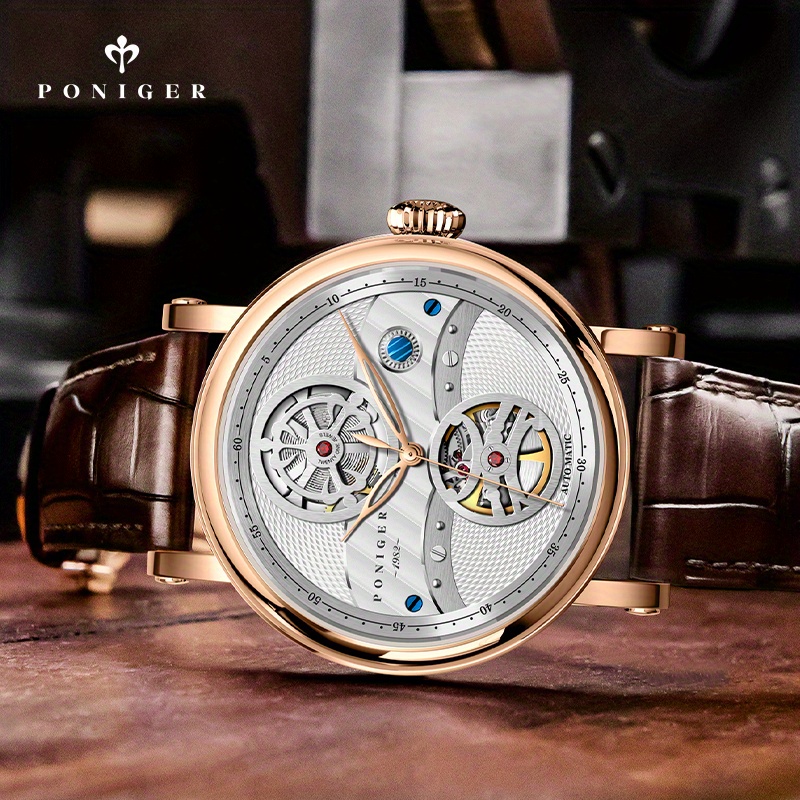 PONIGER Hollowed-out Business Luxury Brand Men's Watch, Luxury Men's Automatic Watch with Genuine Leather Strap - Image 8