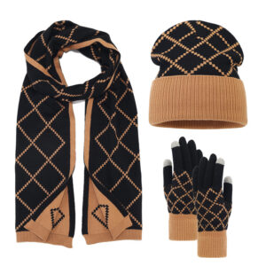 3pcs Exquisite Adult Hat Gloves Scarf Set | Winter Outdoor Coldproof Diamond Plaid Beanie, Suitable for Daily Wear Fleece, Hand Wash Only