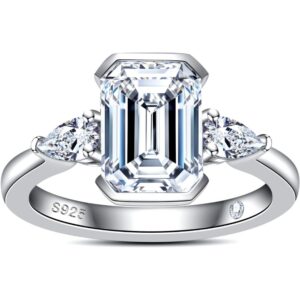 AnuClub Moissanite Engagement Rings 3.6cttw D Color VVS1 925 Sterling Silver Emerald Cut 3 Stones Pear Cut Side Stone Promise Wedding Rings for Women with Certificate Size 7.5