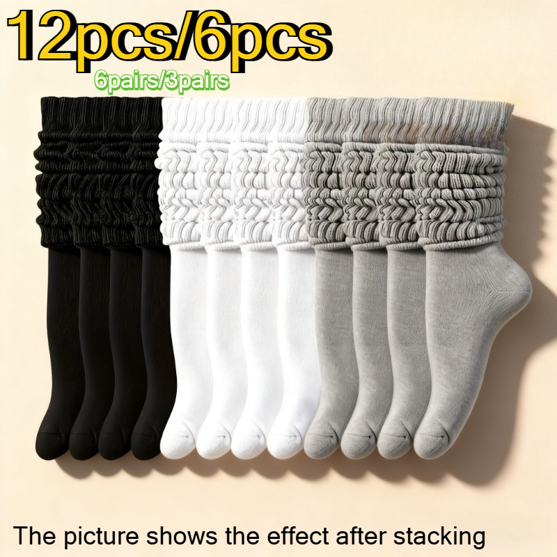 12pcs/6pcs - Mid-calf Couple Warm Socks - Breathable Solid Color Stacked Long S…