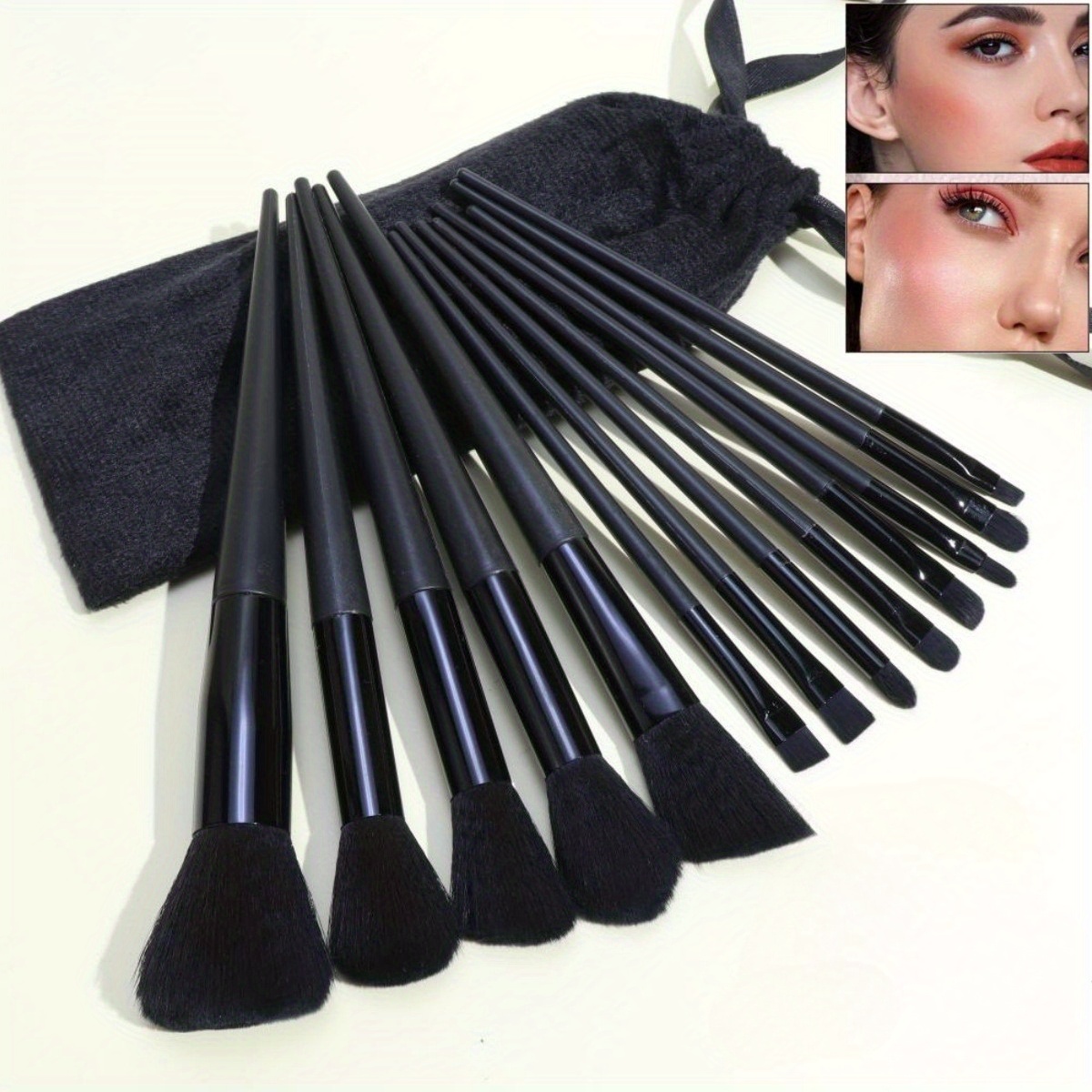 A Set of Black Makeup Brushes Featuring 13 Premium Synthetic Tools for Foundation, Concealer, Eyeshadow, And Blush, Along with a Makeup Sponge And a Cleaning Tool. - Image 4