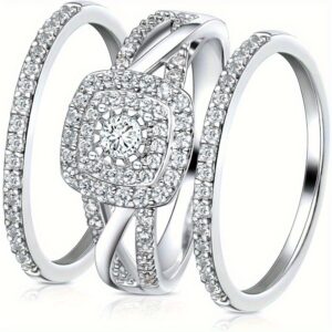 3-in-1 Wedding Band Set: 18K White/Yellow Gold Plated Square Halo Engagement Ring, Eternity Band & Promise Ring for Women - Cubic - Wedding, Affordable Luxury Anniversary Gift Set