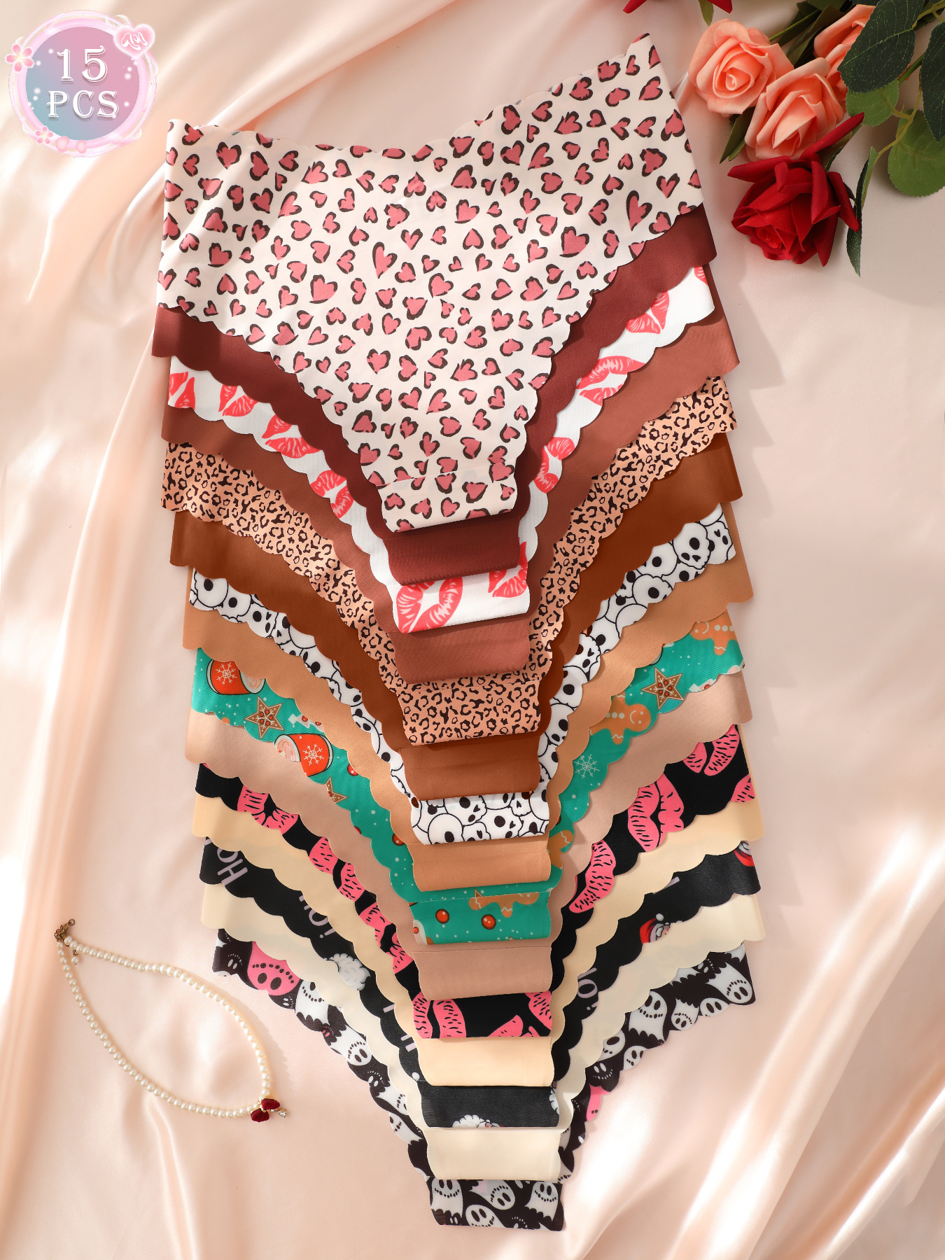 15pcs Women'S Seamless Nylon Underwear - Breathable, Comfortable, and Stylish with Assorted Patterns (Pizza, Hearts, Stars, and More) for Fitness, Dance, and Casual Attire, Dance Underwear | Playful Patterns | Comfortable Fit - Image 4