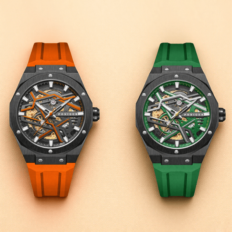 Poniger Fashionable And Casual Fully Automatic Mechanical Men'S Watch, Luxurious And Unique Hollow Design, Suitable For Parties, Sports Wear Men'S Watch, The First Choice For Gifts, Without Battery - Image 6