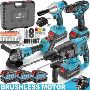 20V Brushless Cordless Electric Tool Set | Equipped with Cordless Drill, Angle Grinder, Electric Hammer, Wrench | Includes 3 Lithium-Ion Batteries | Capacity | Rechargeable | Home and Maintenance | Ideal for Men and Women | Perfect Christmas and New