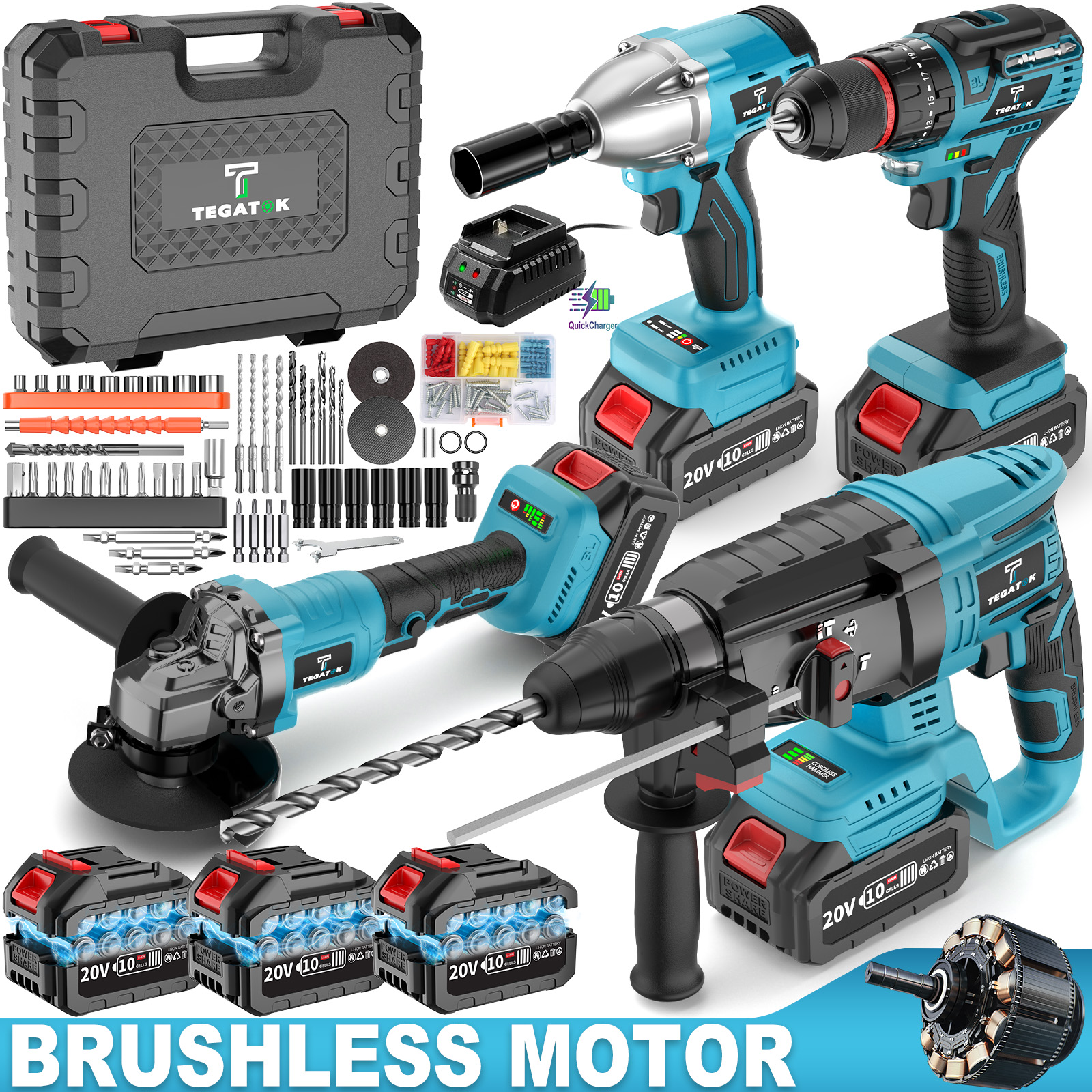 20V Brushless Cordless Electric Tool Set | Equipped with Cordless Drill, Angle Grinder, Electric Hammer, Wrench | Includes 3 Lithium-Ion Batteries | Capacity | Rechargeable | Home and Maintenance | Ideal for Men and Women | Perfect Christmas and New