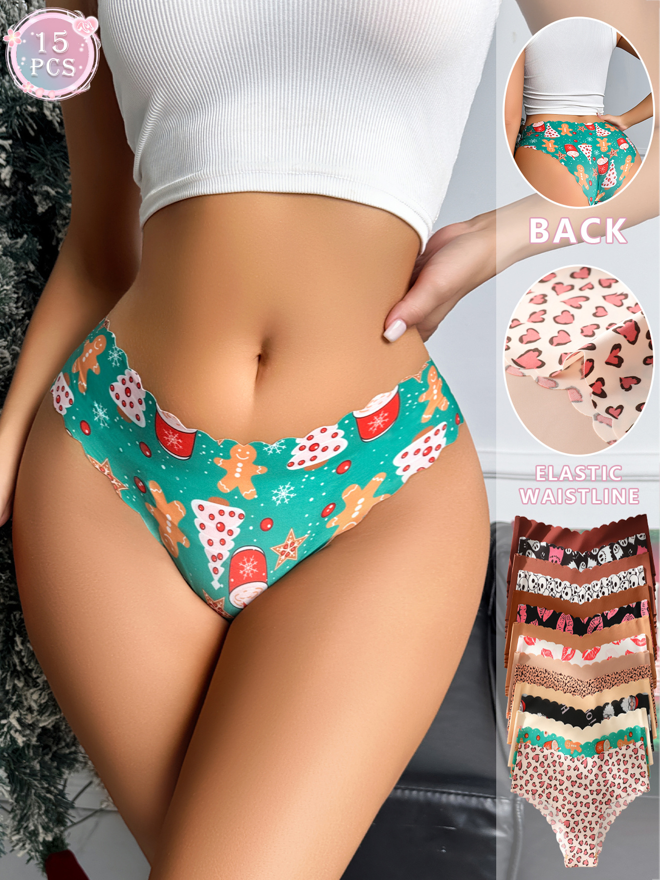 15pcs Women'S Seamless Nylon Underwear - Breathable, Comfortable, and Stylish with Assorted Patterns (Pizza, Hearts, Stars, and More) for Fitness, Dance, and Casual Attire, Dance Underwear | Playful Patterns | Comfortable Fit - Image 2