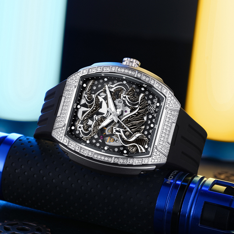 KUERST brand Men's silicone strap wine bar-shaped fully automatic mechanical watch Men's watch 3D stereoscopic double-sided openwork back transparent cool dial designed in the Great Wall style, Mechanical Watches for Men High Quality, Men's Fashion Accessory, Gift for Men, Unique Watch Design, Precision Engineering, Handcrafted Details, Skeleton Dial Watch, Automatic Movement, Fashion Enthusiasts, Young Professionals - Image 10