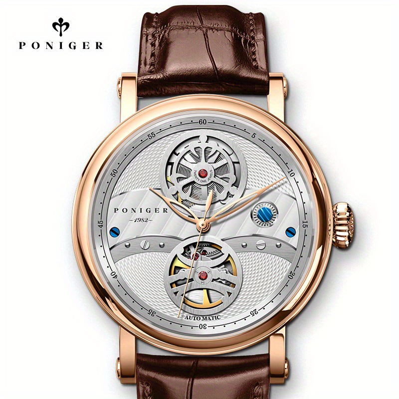 PONIGER Hollowed-out Business Luxury Brand Men's Watch, Luxury Men's Automatic Watch with Genuine Leather Strap - Image 3