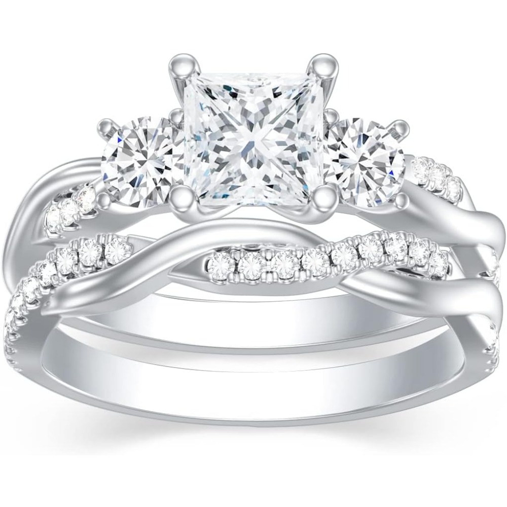 1.46-carat (ctw) Princess-cut Moissanite Twisted Wedding And Engagement Ring Set, Golden-plated Wedding Ring Set, Handcrafted Anniversary Rings, Anniversary Gift, Christmas Gift, Valentine'S Day Gift, Eternal Promise. - Image 3