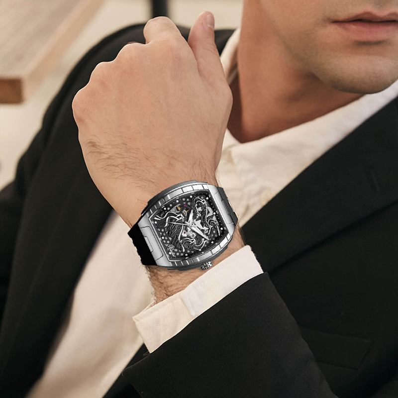 KUERST brand Men's silicone strap wine bar-shaped fully automatic mechanical watch Men's watch 3D stereoscopic double-sided openwork back transparent cool dial designed in the Great Wall style, Mechanical Watches for Men High Quality, Men's Fashion Accessory, Gift for Men, Unique Watch Design, Precision Engineering, Handcrafted Details, Skeleton Dial Watch, Automatic Movement, Fashion Enthusiasts, Young Professionals - Image 6