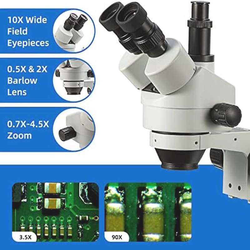 Swift S7 3.5X - 90X Professional Simul - Focal Trinocular Stereo Zoom Microscope with WH10x Eyepieces, 0.7X - 4.5X Objective, 144 LED Ring Light, Double Arm Boom Stand, Includes 0.5X and 2.0X Barlow Lens - Image 2