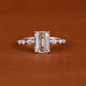 Lab-Created Emerald Cut Lab-created Diamond Engagement Ring with Hidden Halo & Pave Band - Wedding Band, Pave Setting for Year-Round Wear, Christmas Gift, Anniversary (Emerald Gemstone)