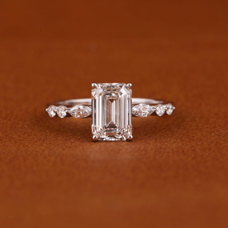 Lab-Created Emerald Cut Lab-created Diamond Engagement Ring with Hidden Halo & Pave Band - Wedding Band, Pave Setting for Year-Round Wear, Christmas Gift, Anniversary (Emerald Gemstone)