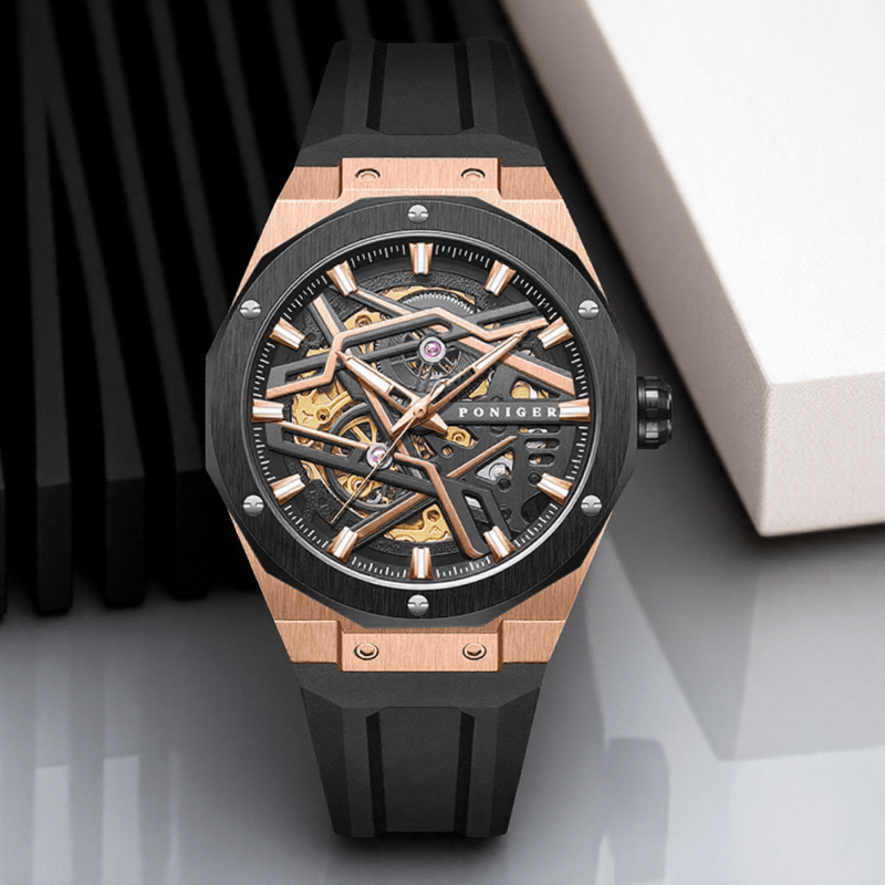 Poniger Fashionable And Casual Fully Automatic Mechanical Men'S Watch, Luxurious And Unique Hollow Design, Suitable For Parties, Sports Wear Men'S Watch, The First Choice For Gifts, Without Battery - Image 8