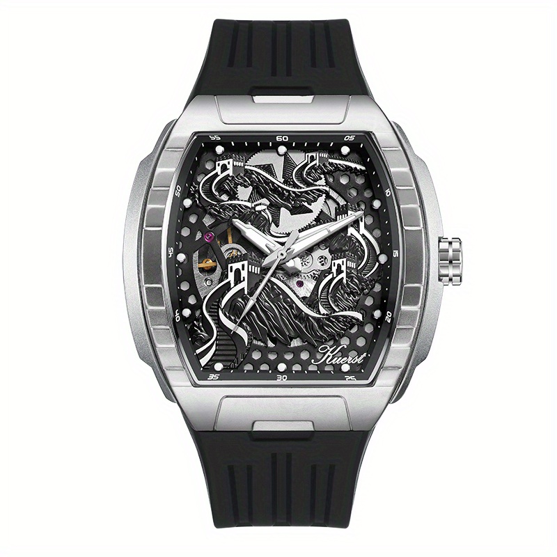 KUERST brand Men's silicone strap wine bar-shaped fully automatic mechanical watch Men's watch 3D stereoscopic double-sided openwork back transparent cool dial designed in the Great Wall style, Mechanical Watches for Men High Quality, Men's Fashion Accessory, Gift for Men, Unique Watch Design, Precision Engineering, Handcrafted Details, Skeleton Dial Watch, Automatic Movement, Fashion Enthusiasts, Young Professionals - Image 9