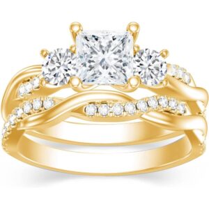 1.46-carat (ctw) Princess-cut Moissanite Twisted Wedding And Engagement Ring Set, Golden-plated Wedding Ring Set, Handcrafted Anniversary Rings, Anniversary Gift, Christmas Gift, Valentine'S Day Gift, Eternal Promise.