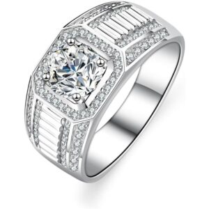 1pc 925 Silver Men's Wedding Ring - 1Ct ideal Cut Natural Ring, D color VVS1 Clarity - a fine token of love and commitment - the ideal gift for engagements, anniversaries and Father's Day