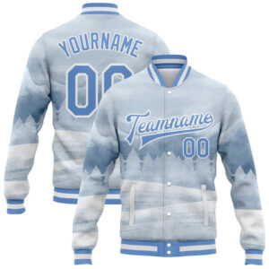 Customizable Men'S Baseball Jacket - Personalized Name & Number, Light Blue & White Gradient Design, Snap Closure, Regular Fit for Sports, Casual Wear, Spring/Summer/Fall, Baseball Jacket, Sports Casual Wear, Gradient Color Design, Durable Fabric, Personalised Baseball Jersey, Men Windbreaker