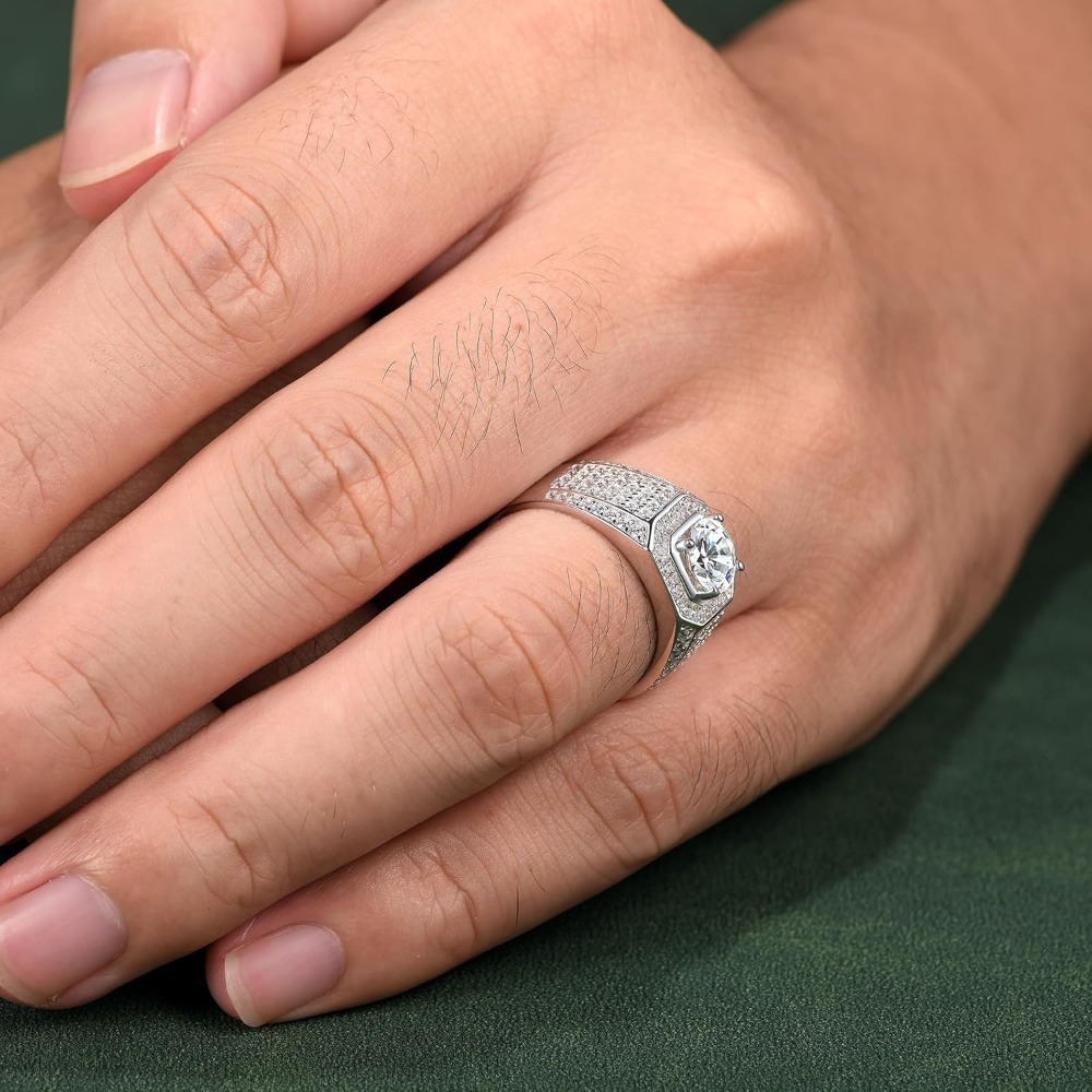 Men's Moissanite Wedding Ring Engagement Ring Single Stone Ring 925 Sterling Silver Ring 1.5 Carat Total Weight D Color VVS1 Clarity, Round Bright Cut, Size 7-14, Formal Settings Ring, Men's Proposal Ring, Vintage Style Ring, Elegant Single - Image 6