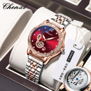 Chenxi Fully Automatic Mechanical Watch for Women | Double-Sided Hollow, Diamond-Encrusted, Luminous, Fashionable, Boho Style, Stainless Steel Band and Case