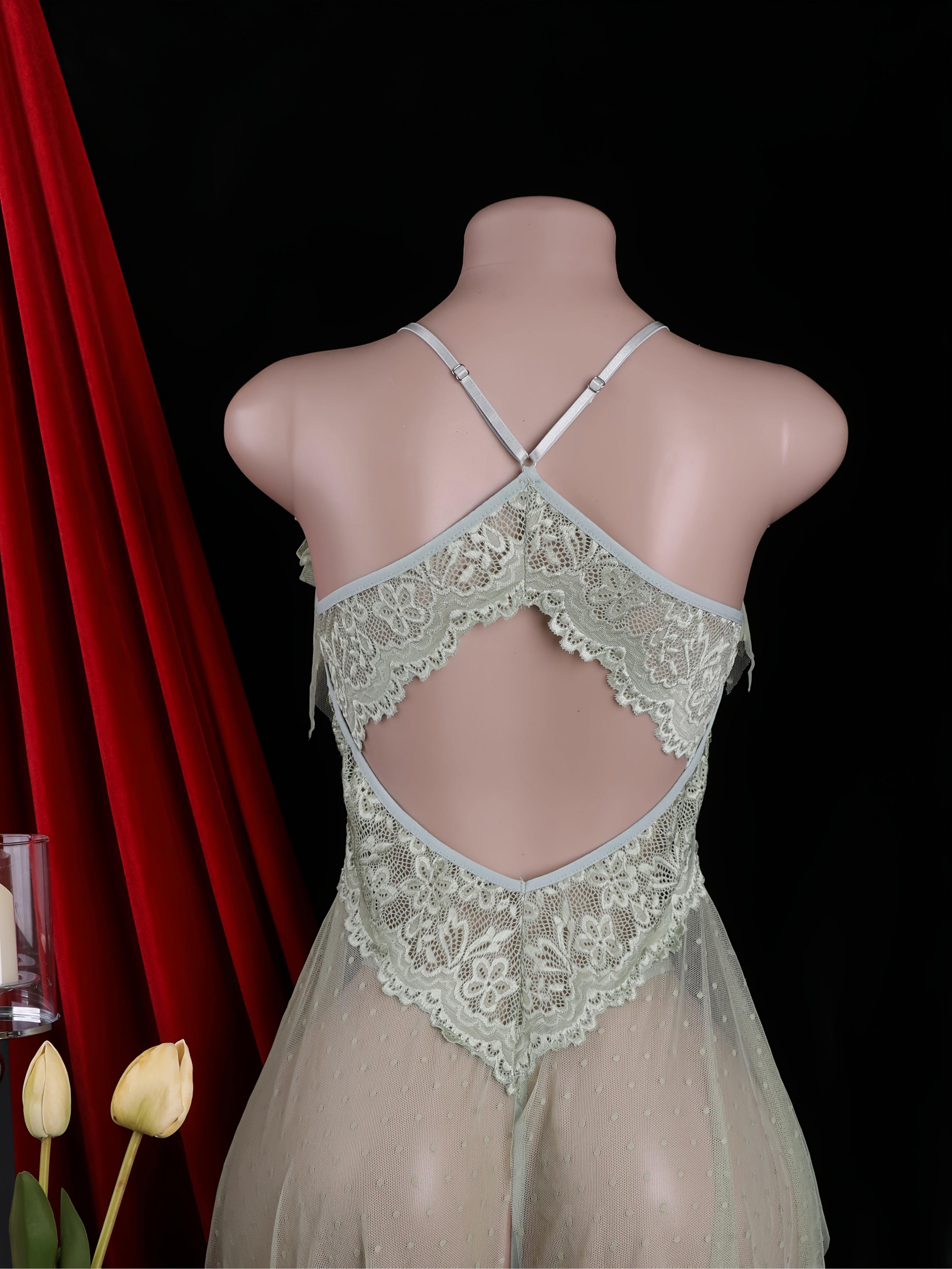 Women's Nightwear, Two-Piece Robe Set, Solid Color Semi-Transparent Lace Deep V…