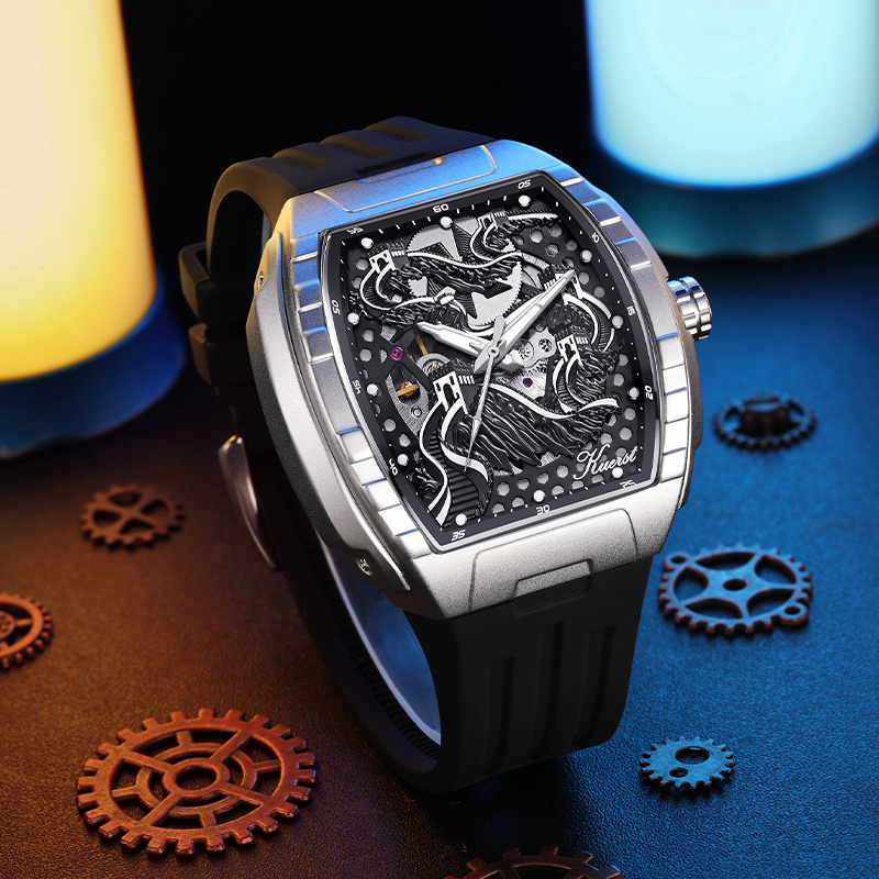 KUERST brand Men's silicone strap wine bar-shaped fully automatic mechanical watch Men's watch 3D stereoscopic double-sided openwork back transparent cool dial designed in the Great Wall style, Mechanical Watches for Men High Quality, Men's Fashion Accessory, Gift for Men, Unique Watch Design, Precision Engineering, Handcrafted Details, Skeleton Dial Watch, Automatic Movement, Fashion Enthusiasts, Young Professionals - Image 11