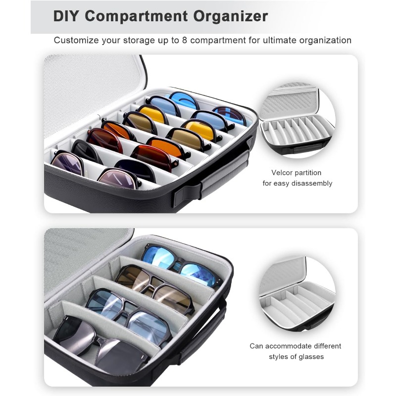 Large Fashion Glasses & Eyeglasses Organizer Case Compatible for 8-Pair Storage - Heavy-Duty Crushproof Eyewear Box with Adjustable Dividers, Nylon/ Hard & Soft, Portable Glasses Holder for Men/Women (Gift) - Image 4
