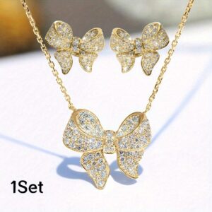 A Luxurious Jewelry Set Featuring Elegant And Stylish Bow Stud Earrings Along with a Necklace, Perfect for Gifts on Valentine'S Day, Anniversaries, Birthdays, Weddings, Or Festivals.