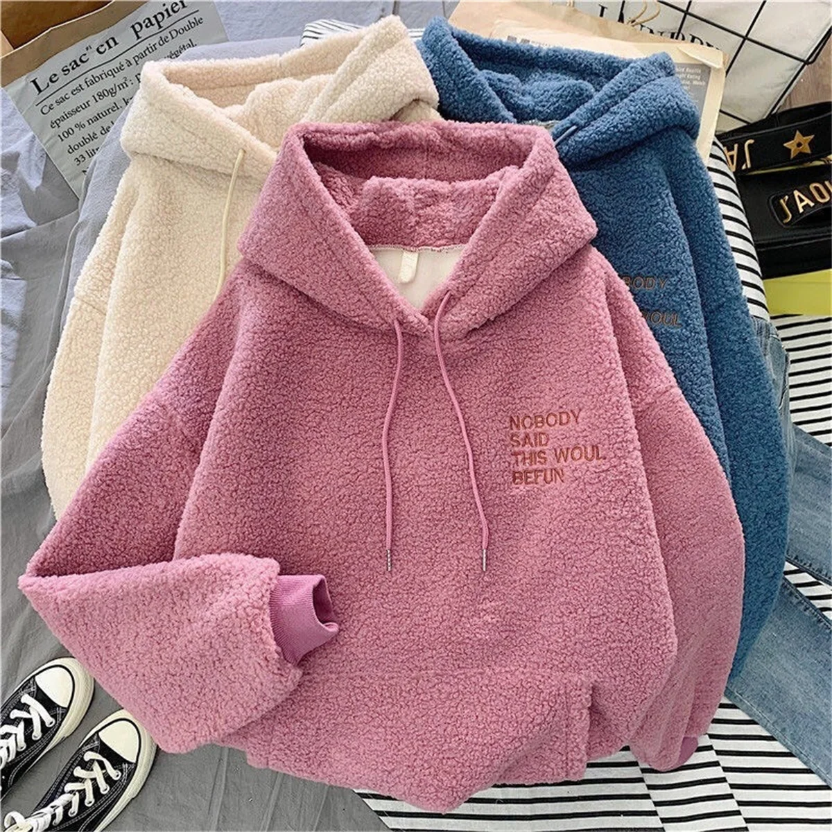 Autumn Winter Fashion Hooded Sweatshirt Women Korean Loose Solid Letter Tops Lo…