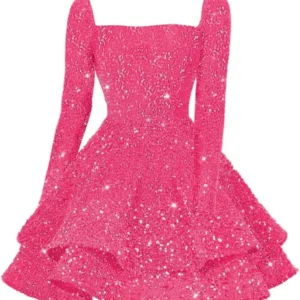 Sparkly Long Sleeves Short Homecoming Dresses for Teens 2026 Tiered Sequin Sweet 16 Prom Cocktail Dress Graduation Dress