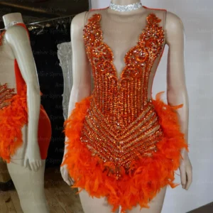 Rich Orange Bead Crystal Homecoming Dress Short Prom Dresses Black Girls Rhinestone Birthday Party Gown Feathers Customized