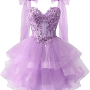 Tiered Tulle Homecoming Dresses Sparkly Lace Applique Bow Straps Short Prom Dress for Teens Cocktail Dresses Graduation Dress