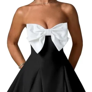 Teens Strapless Satin Bow Corset A-Line Homecoming Dress with Pockets Short Mini Cocktail Party Dress for Young Women