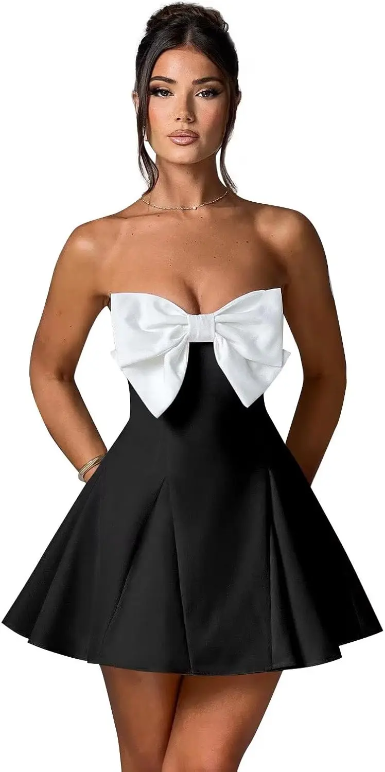 Teens Strapless Satin Bow Corset A-Line Homecoming Dress with Pockets Short Mini Cocktail Party Dress for Young Women
