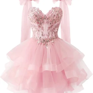 Tiered Tulle Homecoming Dresses Sparkly Lace Applique Bow Straps Short Prom Dress for Teens Cocktail Dress Graduation Dress